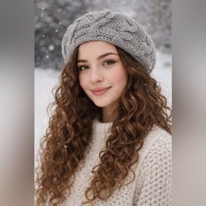 Womens Wool Chunky Knit Beret Hat Made in Italy Grey Soft Girl Bohemian Winter